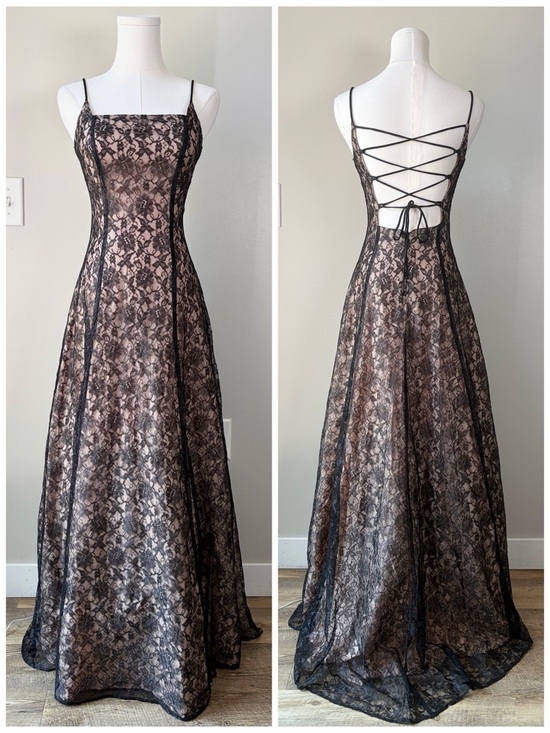 City Triangles Dresses & Skirts - Vintage City Triangles Black Lace Overlay Nude Lace Up Gown Romantic 90s Prom